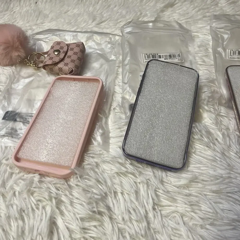 Lot Of 2 iPhone 15 Pro Max Plated Glitter Rhinestone Heart Hello Kit Phone Case